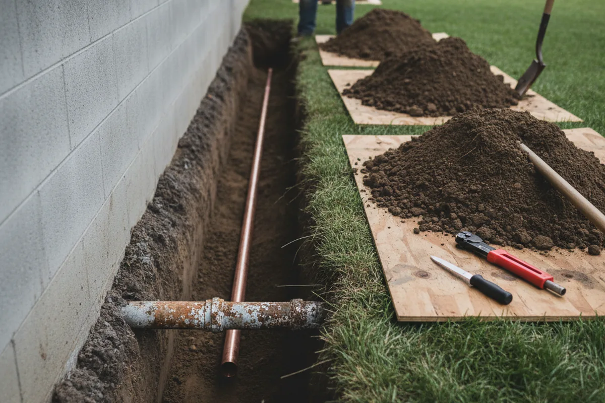 Excavated water line trench during Sewer Line Repair in Prairie Lea
